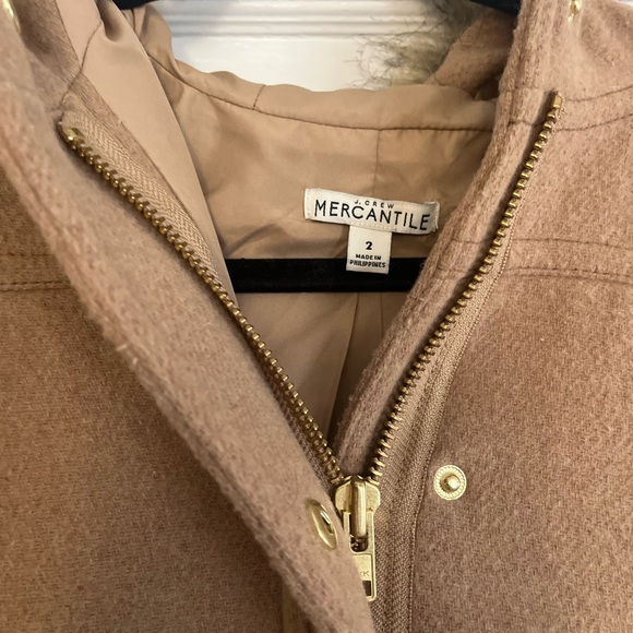 J Crew Mercantile Classic Tan Wool-Blend Coat with Front Pockets and Hood - Picture 3 of 4